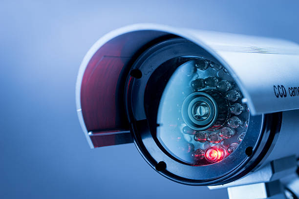 security, cctv camera for office building at night in london.